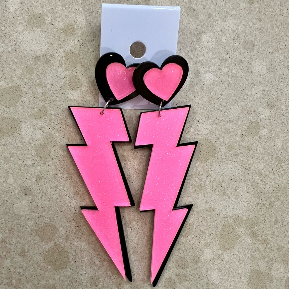 New Hot Pink Black Lightening Bolt Earrings